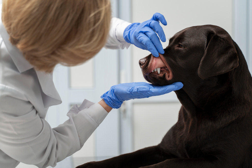 veterinary doctor is checking dog teeth